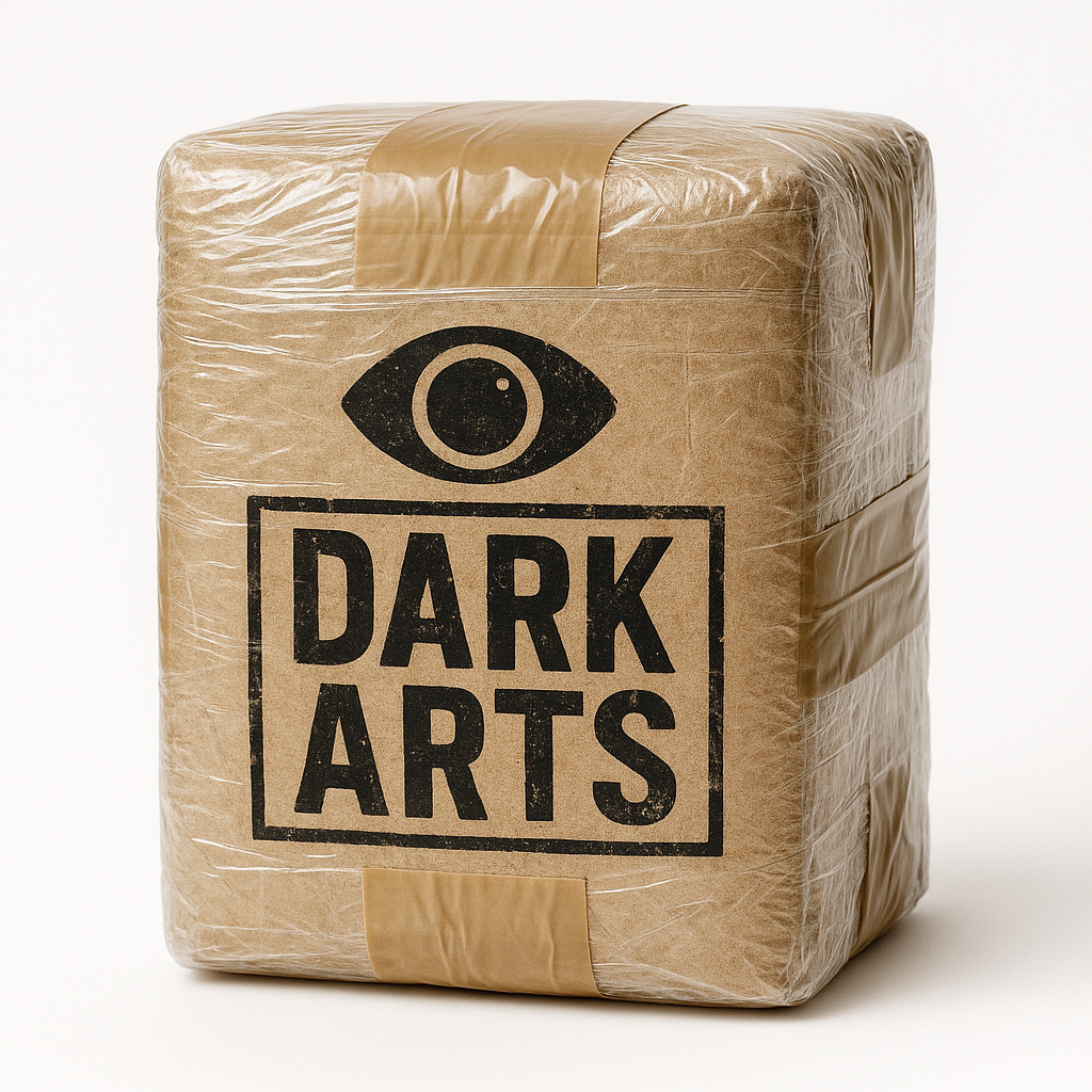 Brown wrapped package labeled 'DARK ARTS' with an eye design on the front.
