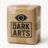 Brown wrapped package labeled 'DARK ARTS' with an eye design on the front.